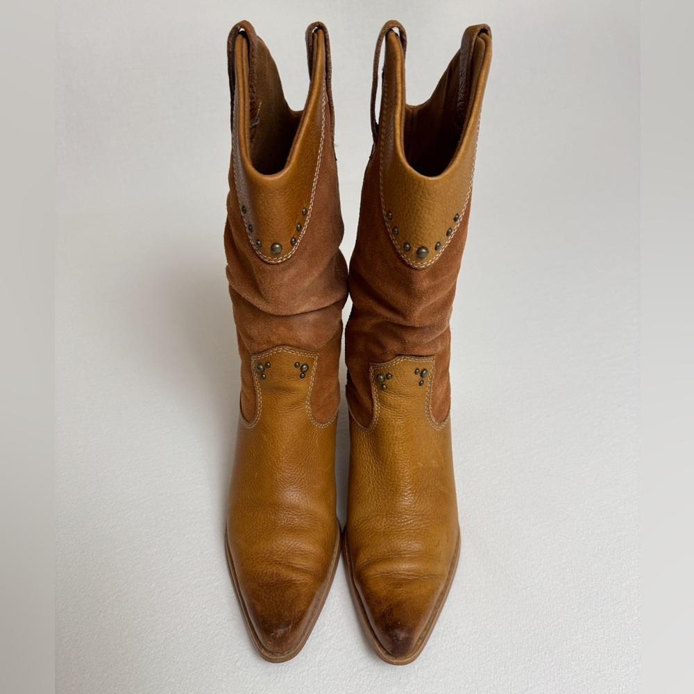 Vintage Y2K Bass Western Brown Leather Studded Boots Size 7.5 - Picture 2 of 14